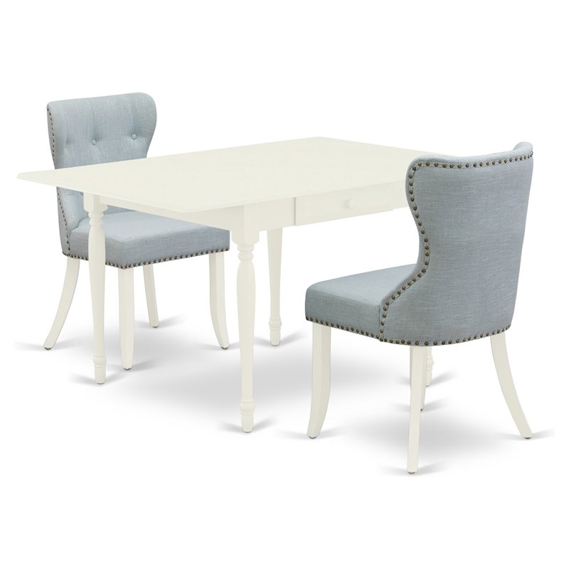 East West Furniture Monza 3-piece Wood Dining Table Set in Linen White/Baby Blue