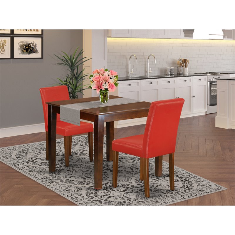 East West Furniture Oxford 3-piece Wood Dining Set with Leather Seat in Mahogany