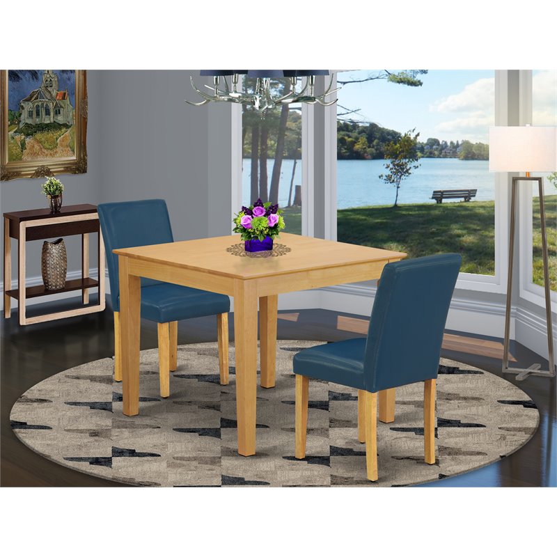 East West Furniture Oxford 3-piece Wood Dining Set with Leather Seat in Oak