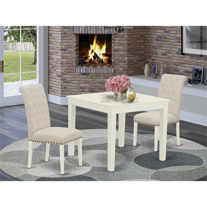 East West Furniture Oxford 3-piece Dining Set with Fabric Seat in Linen White