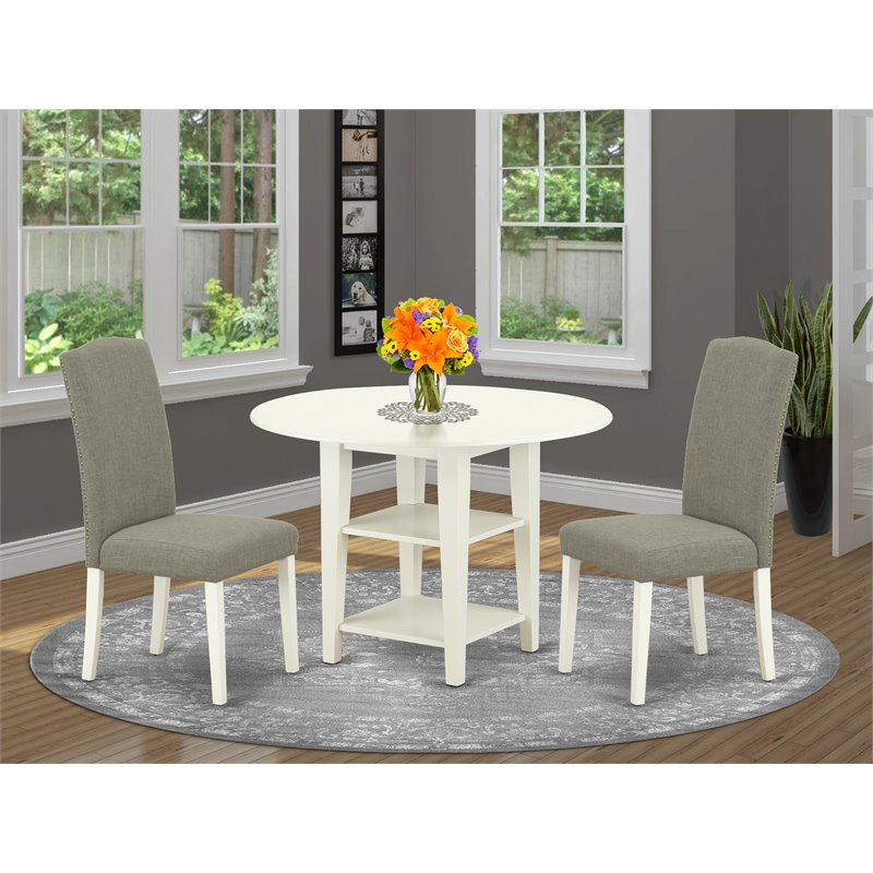 East West Furniture Sudbury 3-piece Wood Dining Set in Linen White/Dark Shitake