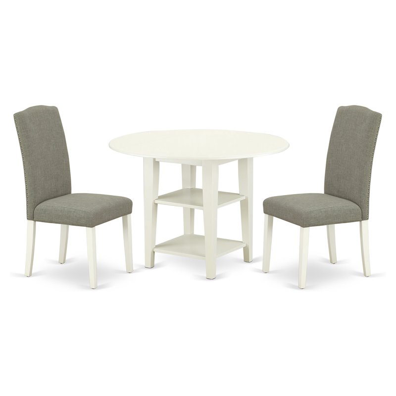 East West Furniture Sudbury 3-piece Wood Dining Set in Linen White/Dark Shitake