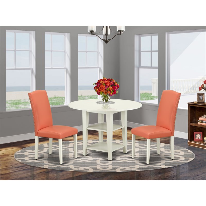 East West Furniture Sudbury 3-piece Wood Dining Set in White/Pink Flamingo