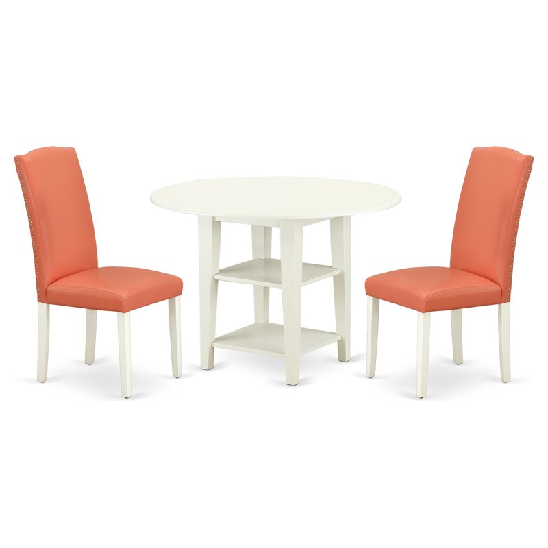 East West Furniture Sudbury 3-piece Wood Dining Set in White/Pink Flamingo