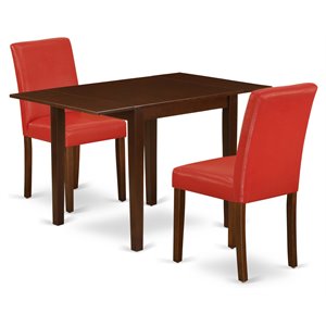 East West Furniture 3-piece Wood Dining Set with Fabric Seat in Mahogany