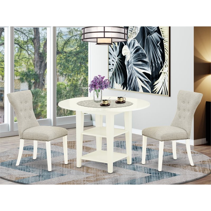 East West Furniture Sudbury 3-piece Wood Dining Set in Linen White/Doeskin