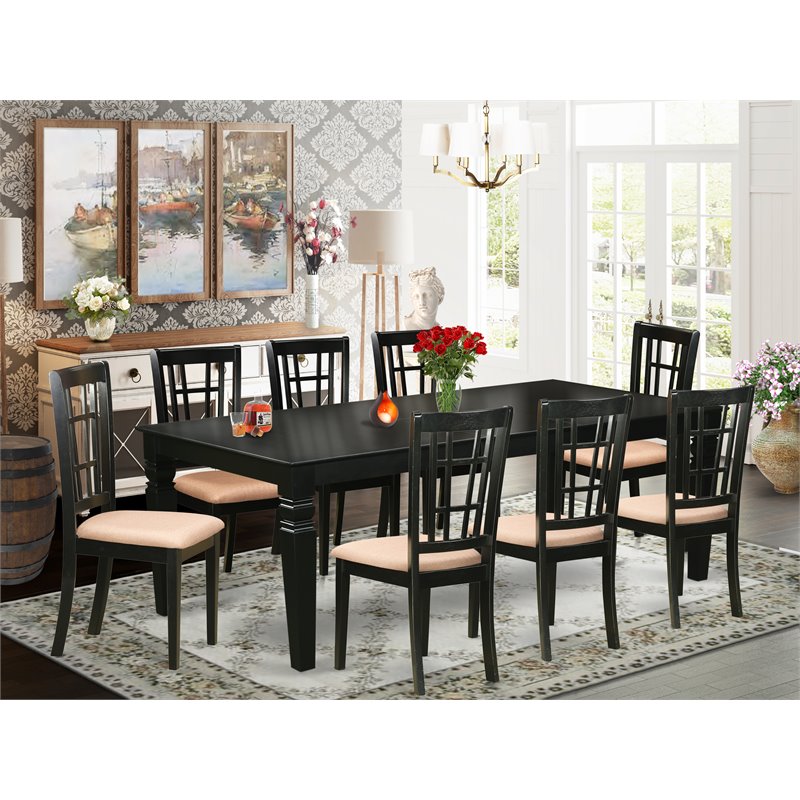East West Furniture Logan 9-piece Wood Dining Set with Fabric Chairs in Black