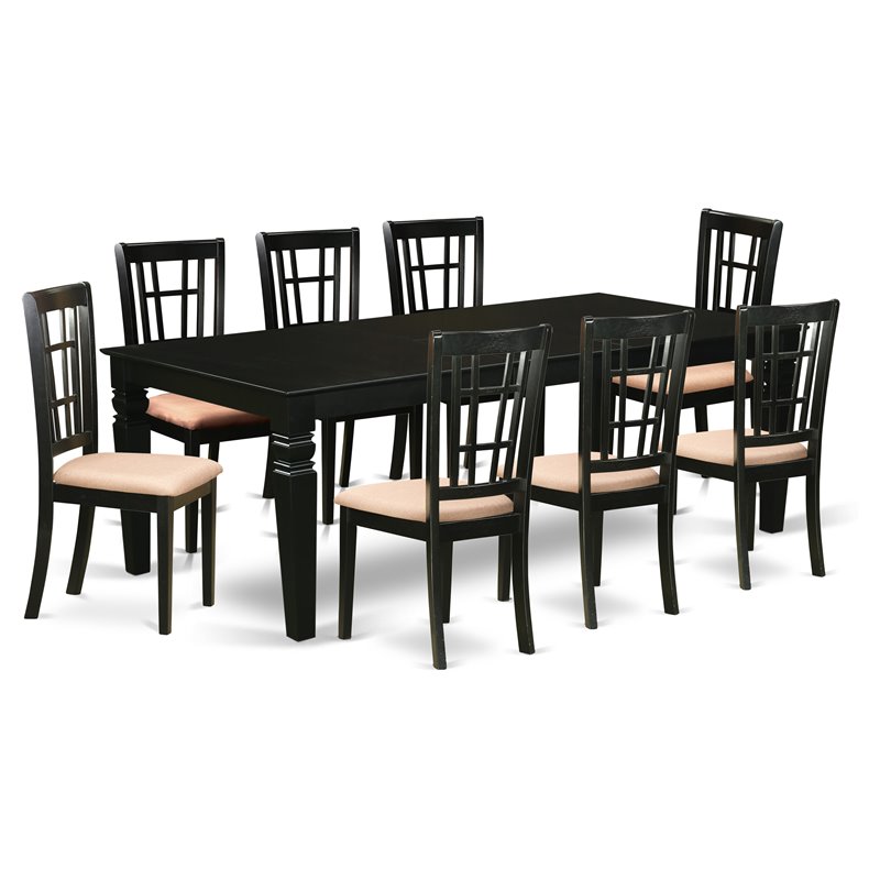 East West Furniture Logan 9-piece Wood Dining Set with Fabric Chairs in Black
