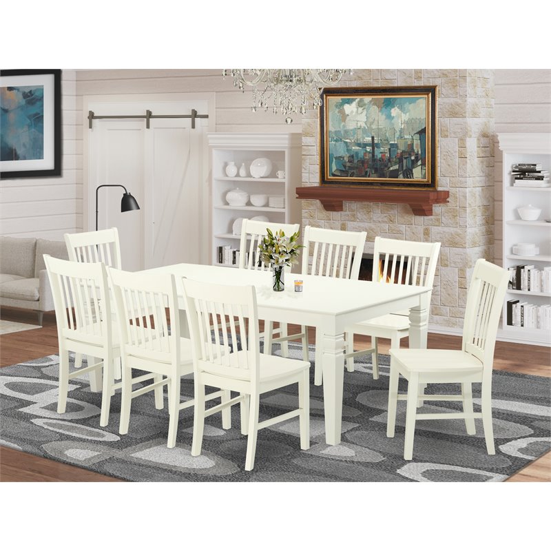 East West Furniture Logan 9-piece Wood Table and Dining Chair Set in Linen White