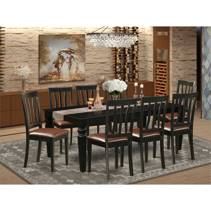 East West Furniture Logan 9-piece Wood Dining Set with Leather Seat in Black