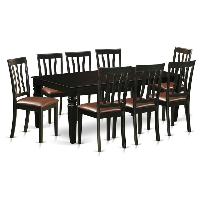 East West Furniture Logan 9-piece Wood Dining Set with Leather Seat in Black