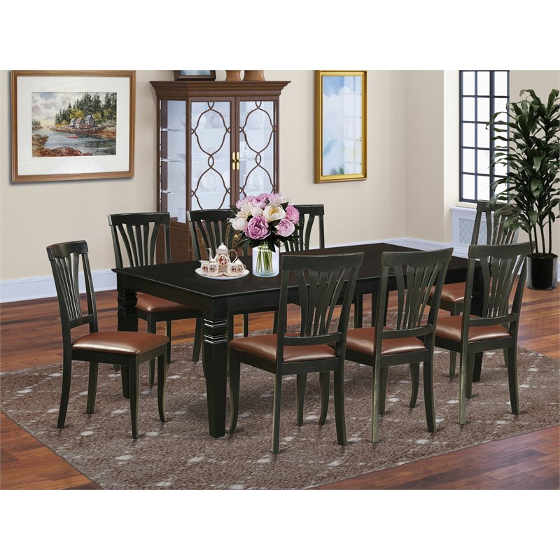 East West Furniture Logan 9-piece Wood Dining Set with Leather Chairs in Black