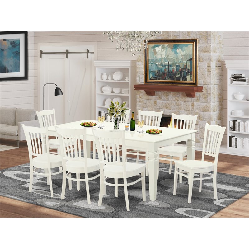 East West Furniture Logan 9-piece Wood Dining Room Table Set in Linen White