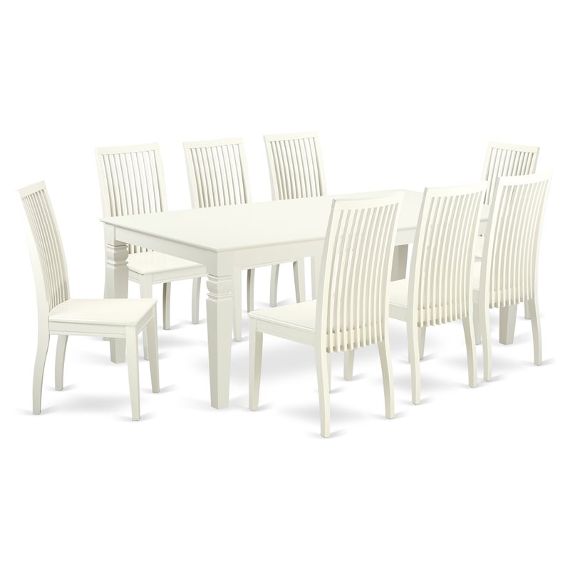 East West Furniture Logan 9-piece Wood Dining Table and Chair Set in Linen White