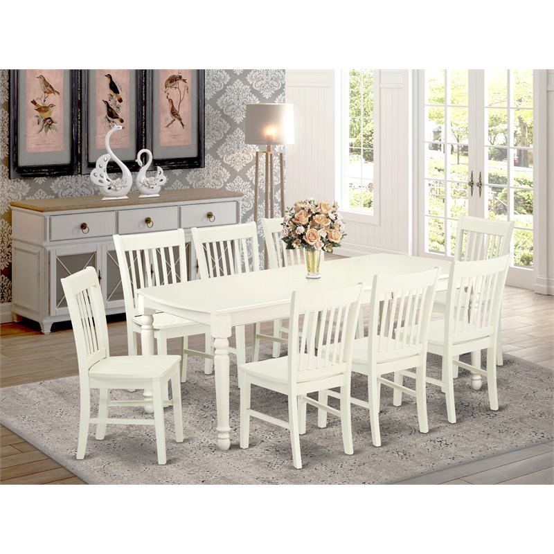 East West Furniture Dover 9-piece Wood Table and Dining Chairs in Linen White