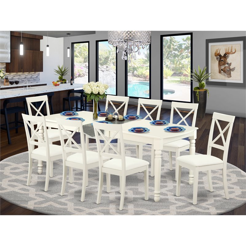 East West Furniture Dover 9-piece Wood Dining Set with Leather Seat in White