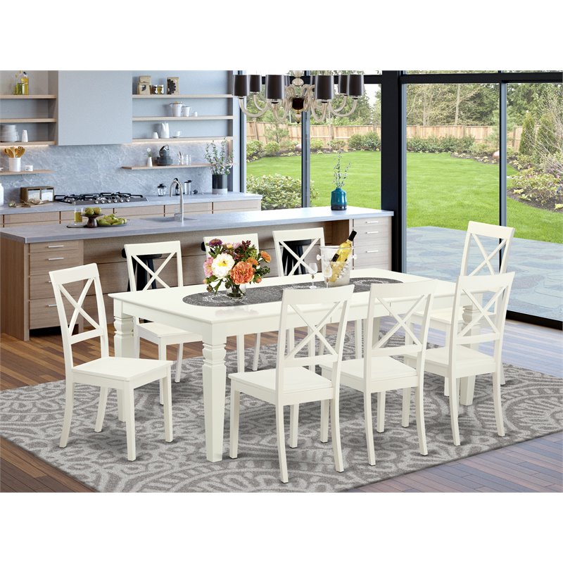 East West Furniture Logan 9-piece Dining Set with Wood Chairs in Linen White
