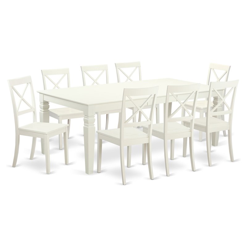 East West Furniture Logan 9-piece Dining Set with Wood Chairs in Linen White