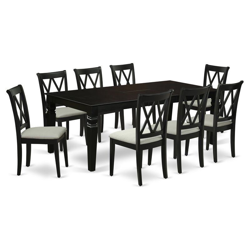 East West Furniture Logan 9-piece Wood Dining Set with Linen Seat in Black