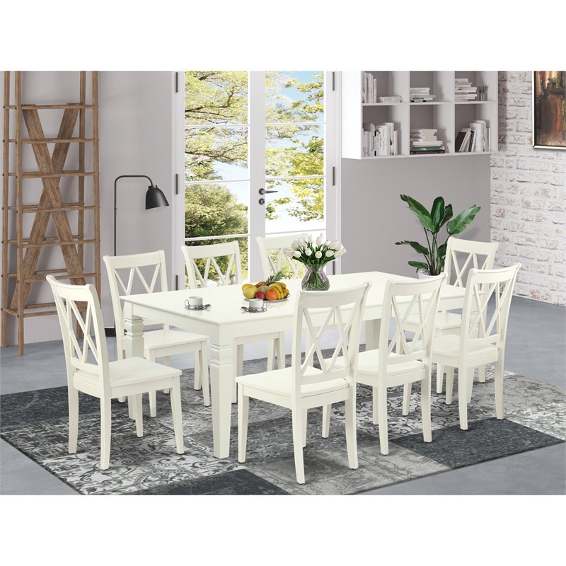 East West Furniture Logan 9-piece Wood Dining Table Set in Linen White