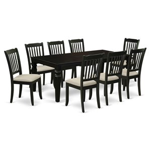 East West Furniture Logan 9-piece Wood Dining Set with Fabric Seat in Black