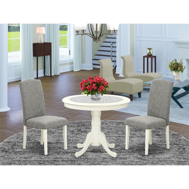 East West Furniture Antique 3-piece Wood Dining Set in Linen White/Dark Shitake