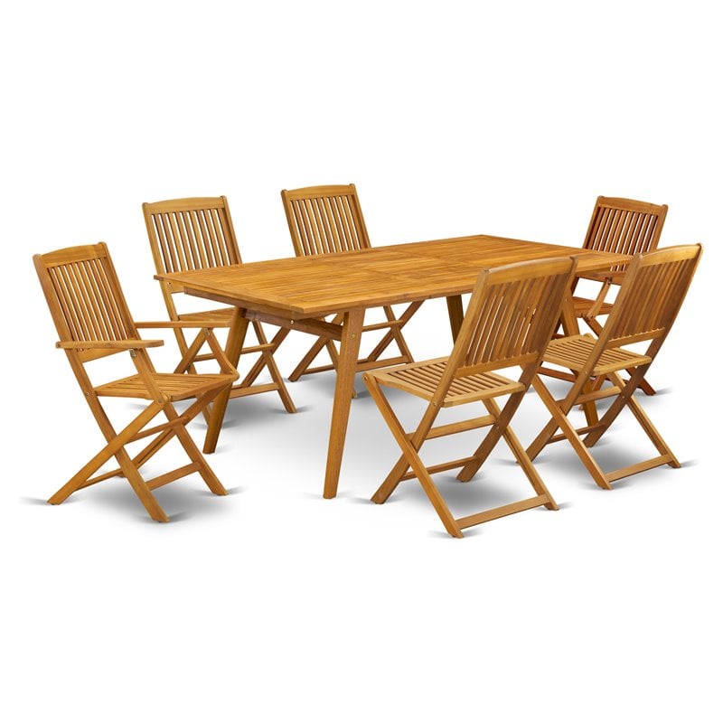 East West Furniture Denison 7-piece Patio Dining Set w/ Slat Back in Natural Oil
