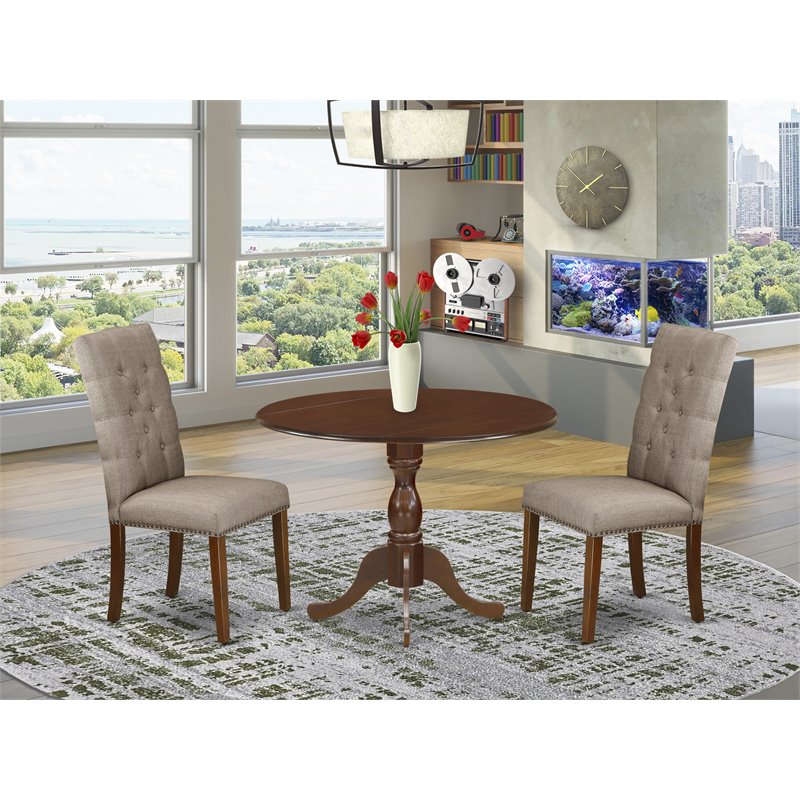 East West Furniture Dublin 3-piece Wood Dining Set in Mahogany/Dark Khaki