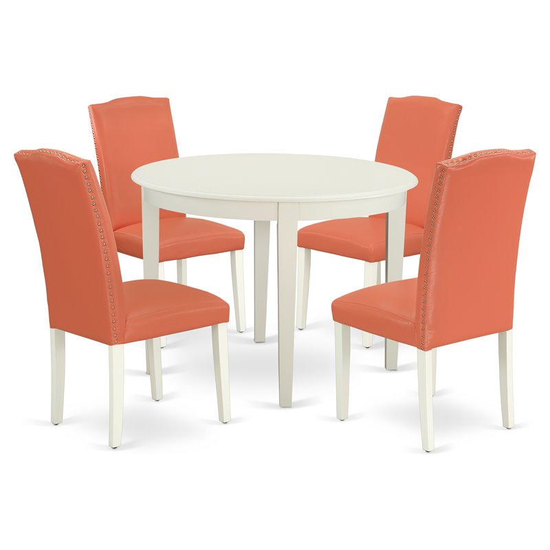 East West Furniture Boston 5-piece Wood Dining Set in Linen White/Pink Flamingo