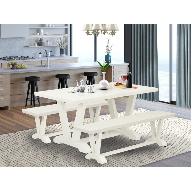 East West Furniture V-Style 3-piece Wood Dining Table Set in Linen White