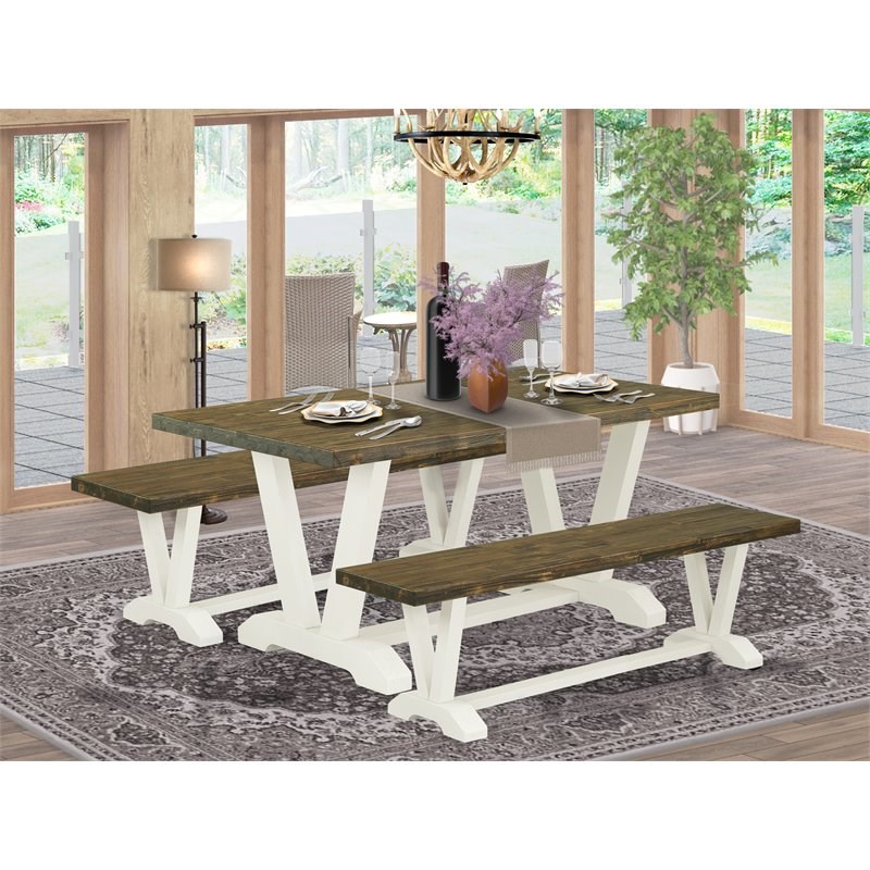 East West Furniture V-Style 3-piece Wood Dining Room Table Set in Linen White