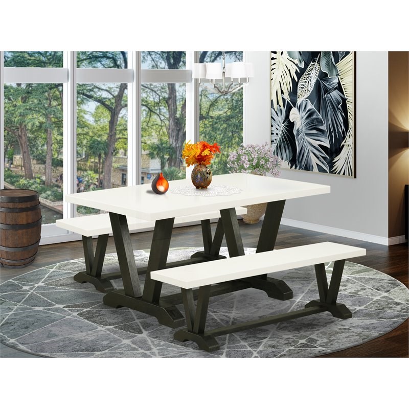 East West Furniture V-Style 3-piece Wood Dining Table Set in Black