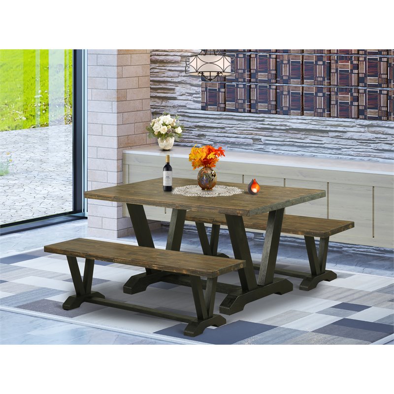 East West Furniture V-Style 3-piece Wood Dining Room Table Set in Black