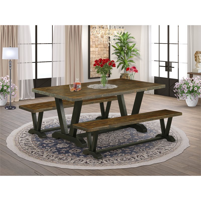East West Furniture V-Style 3-piece Wood Dining Table and Bench Set in Black