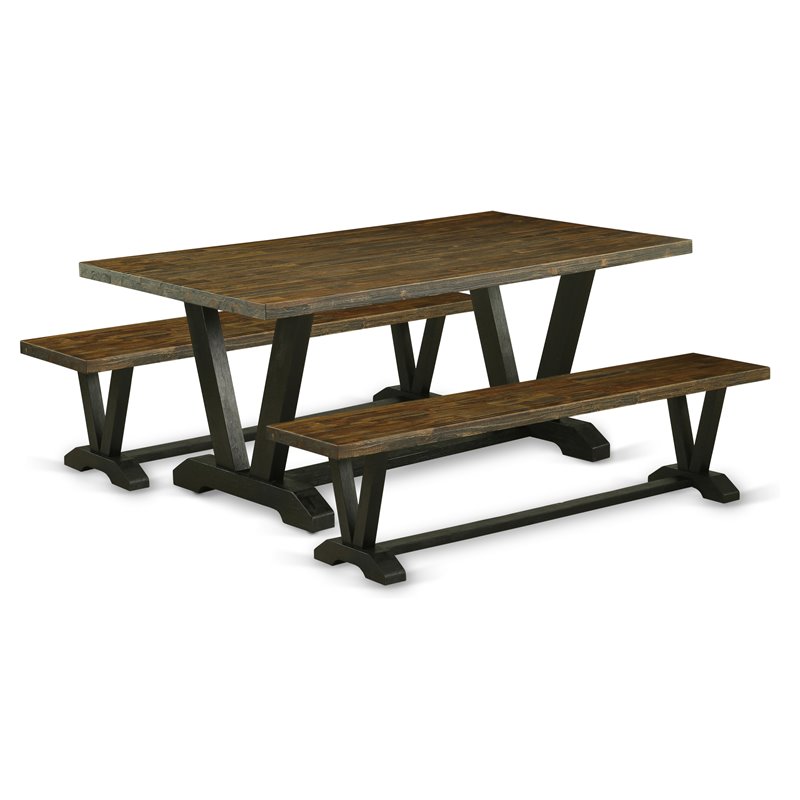 East West Furniture V-Style 3-piece Wood Dining Table and Bench Set in Black