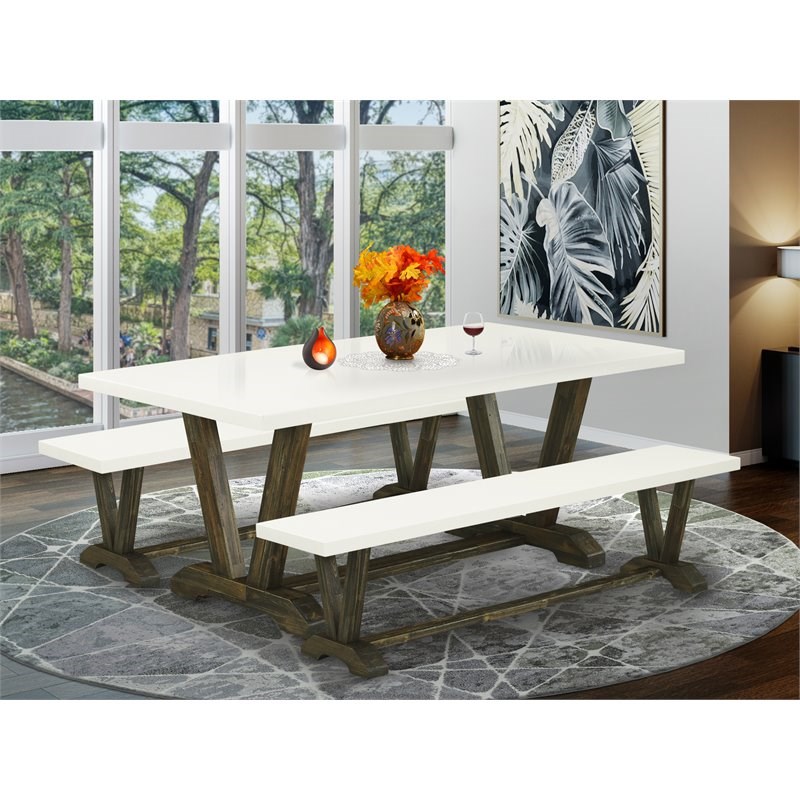 East West Furniture V-Style 3-piece Wood Dining Table Set in Jacobean Brown