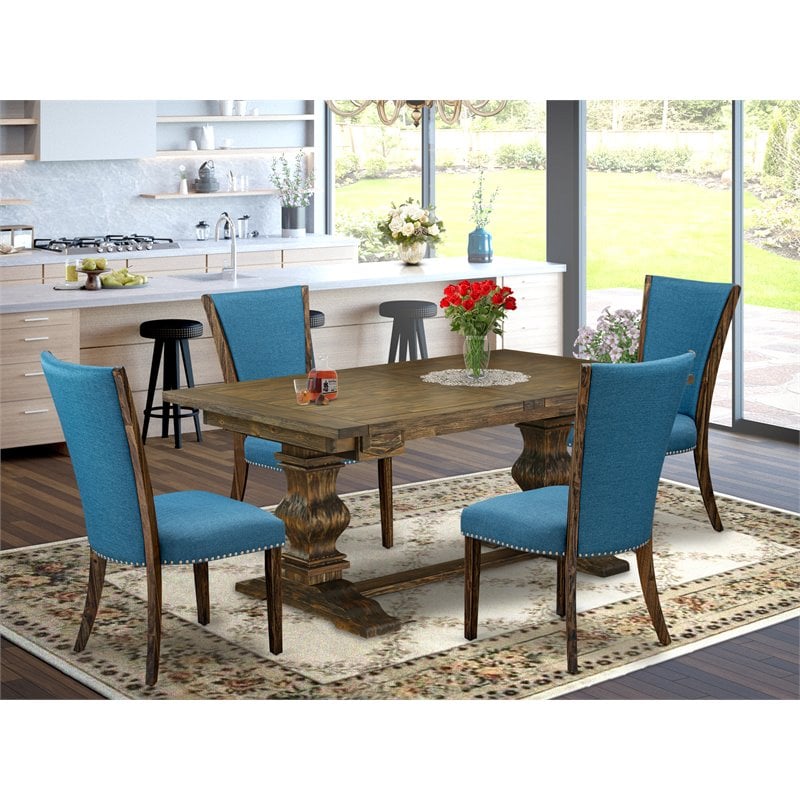 East West Furniture Lassale 5-piece Wood Dining Set in Jacobean Brown/Blue