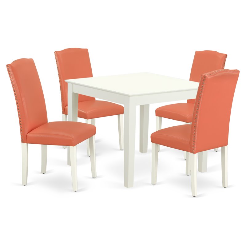 East West Furniture Oxford 5-piece Wood Dining Set in Linen White/Pink Flamingo