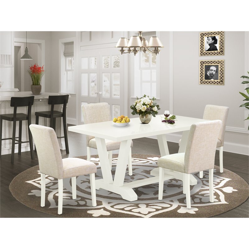 East West Furniture V-Style 5-piece Wood Dining Table Set in Linen White