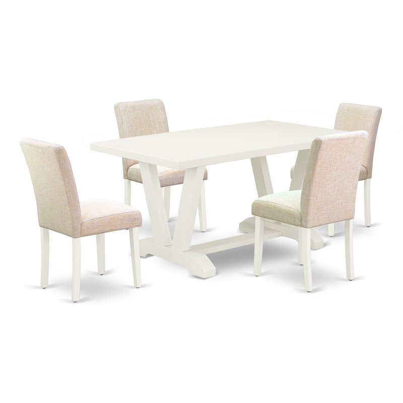East West Furniture V-Style 5-piece Wood Dining Table Set in Linen White