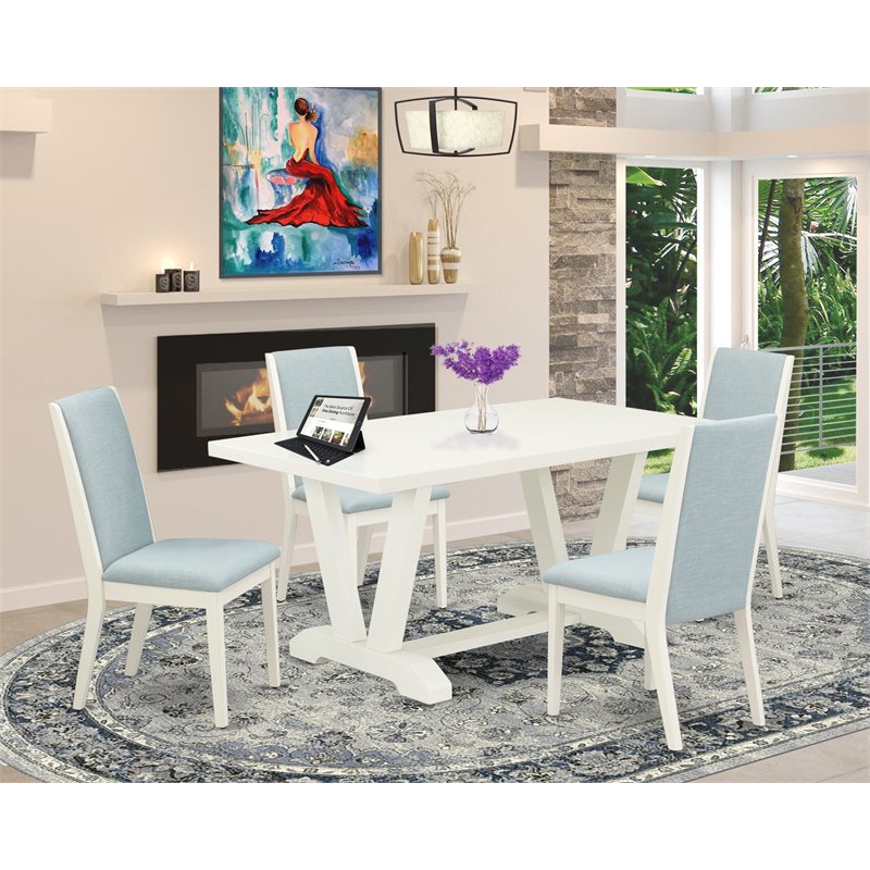 East West Furniture V-Style 5-piece Kitchen Dining Set in Linen White/Baby Blue