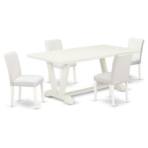 East West Furniture V-Style 5-piece Wood Dining Set with Leather Chairs in White