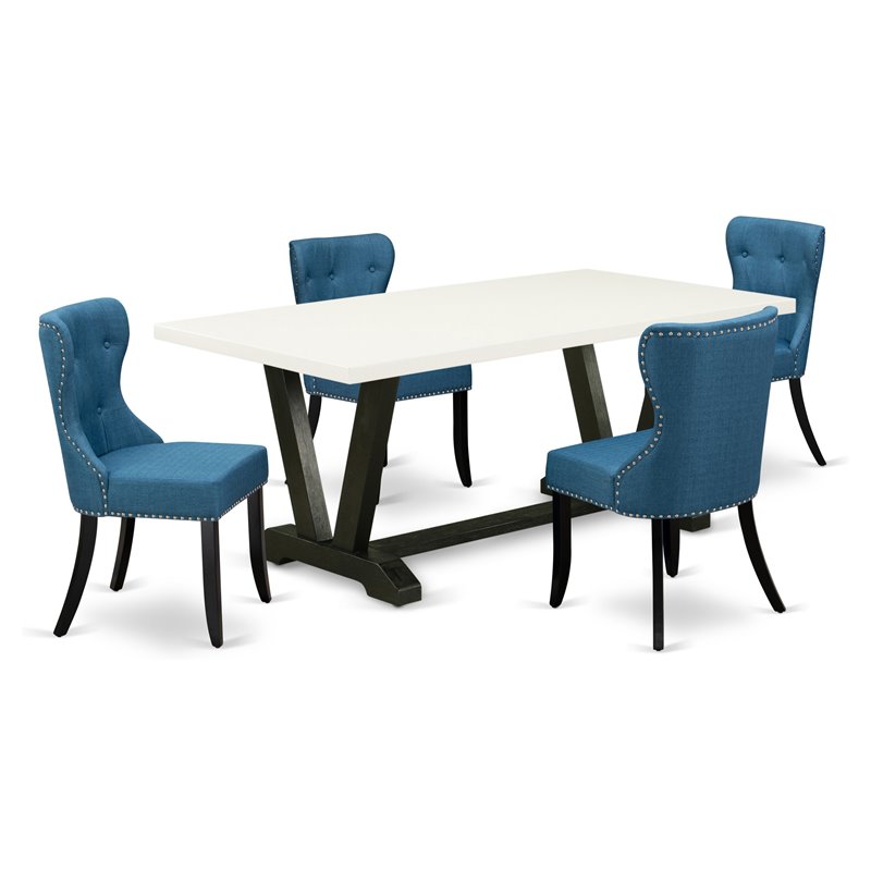 East West Furniture V-Style 5-piece Wood Dining Set in White and Black