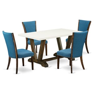 East West Furniture V-Style 5-piece Wood Dining Set in Linen White/Blue