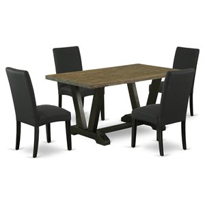 East West Furniture V-Style 5-piece Wood Dining Set with Fabric Seat in Black