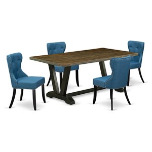 East West Furniture V-Style 5-piece Dining Set with Button Tufted Back in Black