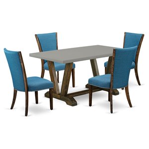 East West Furniture V-Style 5-piece Wood Dining Set in Jacobean Brown/Blue