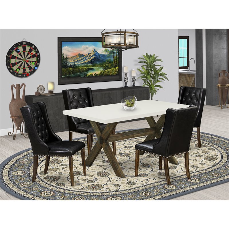 East West Furniture X-Style 5-piece Wood Dining Set w/ Leather Seat in Brown