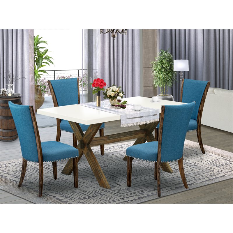 East West Furniture X-Style 5-piece Wood Dining Set in Blue/White
