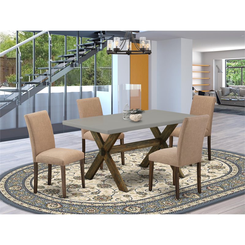 East West Furniture X-Style 5-piece Wood Dining Set in Jacobean Brown/Cement